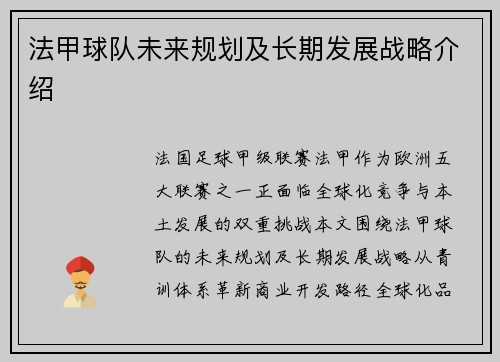 法甲球队未来规划及长期发展战略介绍
